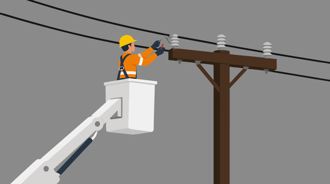 Professional electrician in orange safety gear and yellow hard hat working from an elevated bucket truck to repair overhead power lines on a wooden utility pole, flat vector illustration.