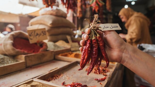 A hand holding dried red chilies at a traditional spice market stall with chili peppers held stall sacks spices