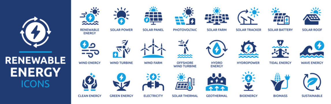 Renewable Energy Icons Set. Solar Power, Wind Turbine, Hydropower, Geothermal, Biomass and Clean Green Energy Vector Solid Collection