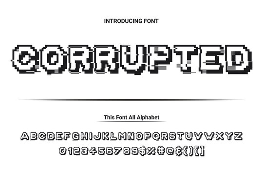 Distorted font, modern alphabet, letters and numbers isolated on white background