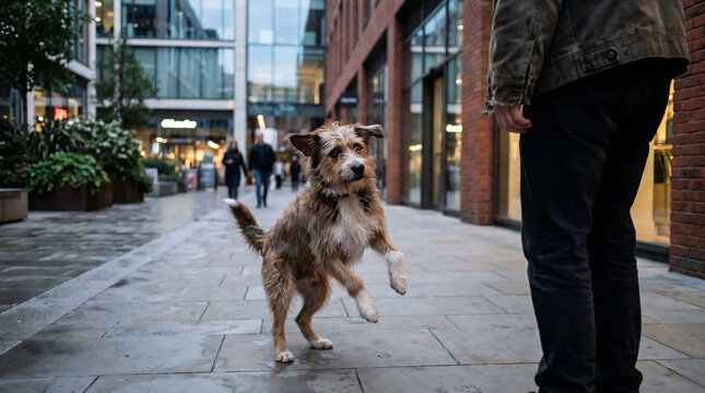 Small Friendly Dog Walking Beside Its Owner Along a Busy Urban Sidewalk in a Modern City Neighborhood