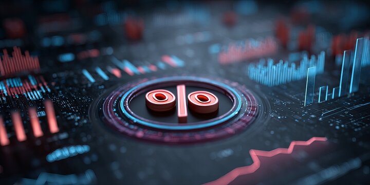 Percentage symbol surrounded by financial charts and market data representing interest rates, inflation, investment