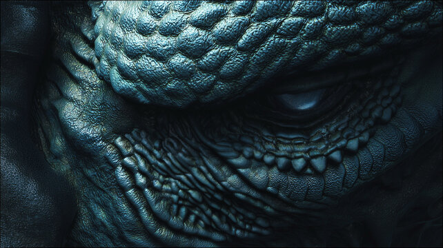 Detailed close-up portrait of a dark alien monster eye with realistic reptile skin scales. Aggressive cinematic 3D render of a dragon, dinosaur, or sci-fi alien creature lizard skin texture.
