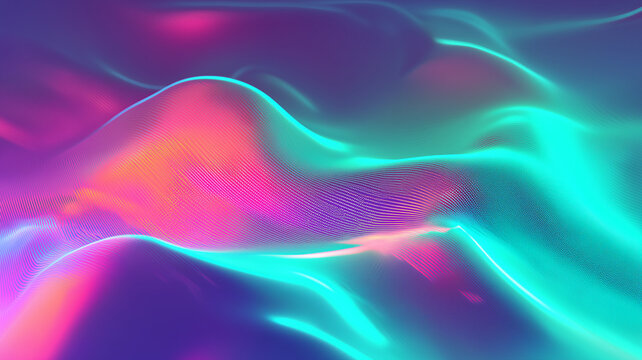 Abstract futuristic tech background featuring a dynamic wavy landscape of glowing neon particles and mesh lines. Cyber data visualization concept with smooth iridescent 3D fluid hills in pink and teal