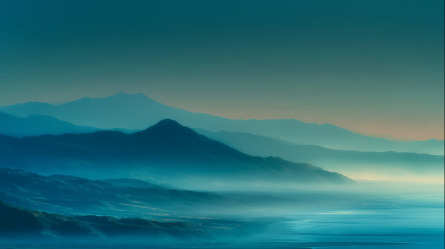 Beautiful panoramic mountain landscape background with layered misty ridges sloping down to a calm coast. Serene wilderness scenery in soft blue, teal and pale orange dawn or twilight tones.
