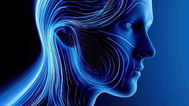 Human head with abstract glowing blue lines representing data flow and mind processing information digital
