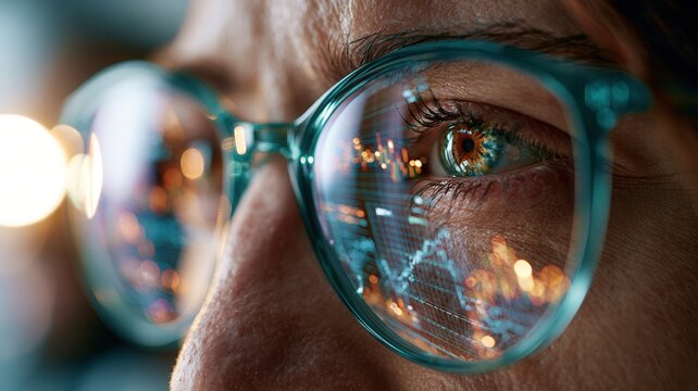 Person viewing financial market data and trading graphs reflected on smart glasses global economy strategy analyzing