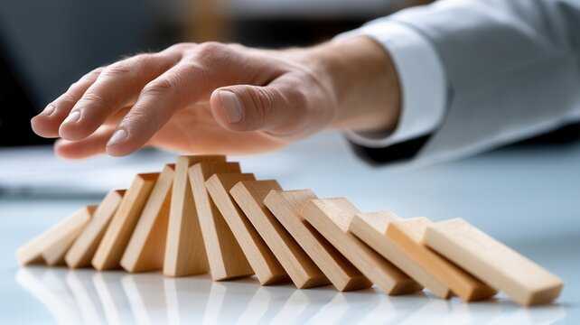 Business hand stopping falling wooden dominoes preventing crisis risk and chain reaction a corporate strategy
