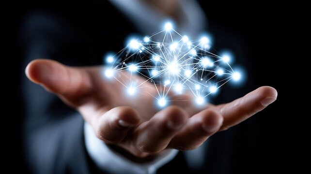 Businessman hand holding glowing digital light symbolizing innovation growth future technology development