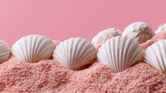 White seashells resting on pink sand a summer vacation background with tropical and beach themes holiday