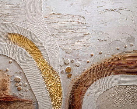 Porous Horizons - Rich, amber-toned honeycomb textures create a grounding perimeter, framing smooth, plaster-like ribbons that wind diagonally across the canvas.