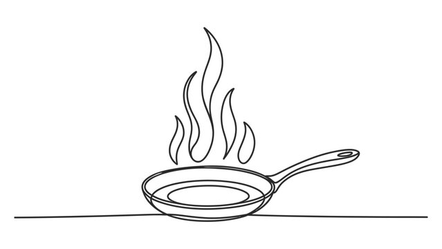 Simple line art drawing of a hot frying pan with flames isolated on a white background Vector, illustration
