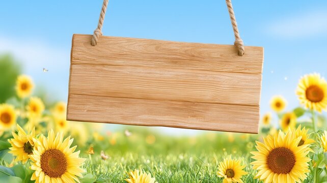 Blank wooden sign hanging by ropes in a sunny sunflower field rustic copy space providing