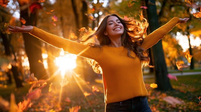 Young woman enjoying autumn day smiling with open arms amidst falling leaves and sunlight in park golden