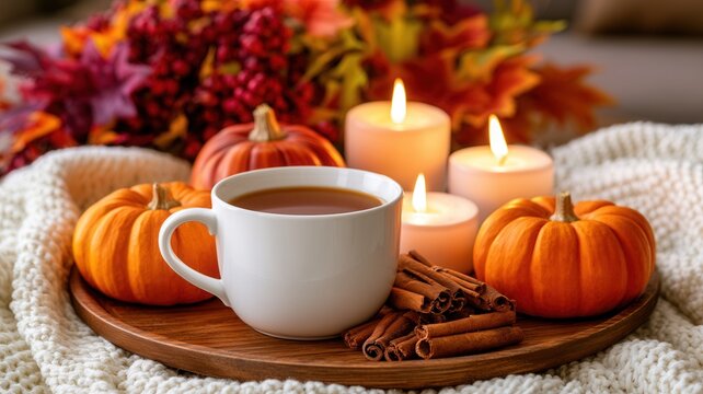 Warm beverage in a white mug on a woven tray with a pumpkin pinecones cinnamon and lit candles sticks
