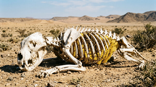 Samson discovering honey dripping from a massive honeycomb built entirely inside the bleached, dry ribcage of a dead lion