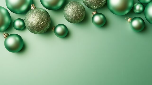 Green christmas baubles with glittering and matte textures creating festive holiday background with ample copy space
