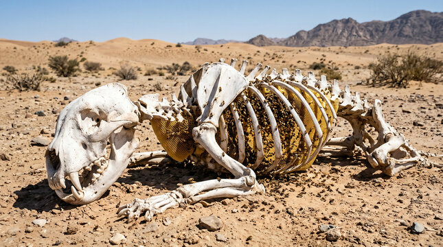 Samson discovering honey dripping from a massive honeycomb built entirely inside the bleached, dry ribcage of a dead lion