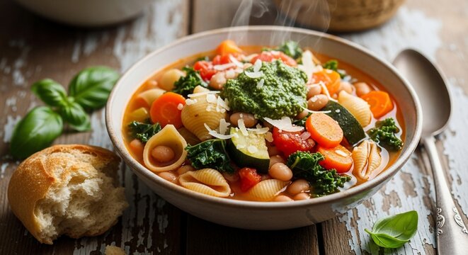 Vegetable soup bowl close up