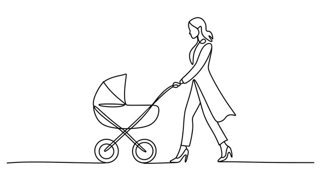 Continuous line drawing of a mother pushing a baby stroller isolated on white background Vector, illustration