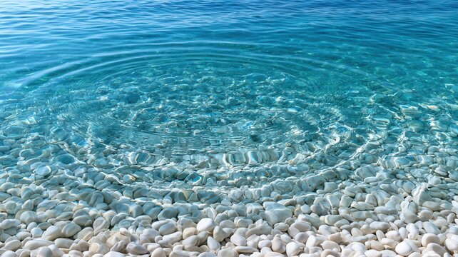 Clear turquoise water with expanding ripples over smooth white pebbles showing nature and tranquility pristine