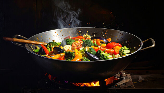 Vegetables cooking wok