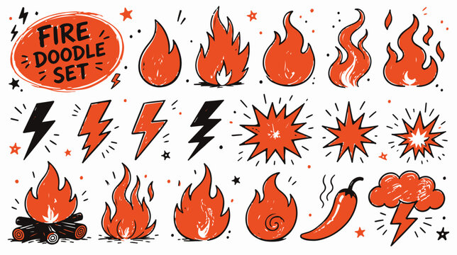 Hand drawn fire and energy doodle vector set featuring flame, lightning bolt, explosion burst, campfire, and hot chili pepper sketches