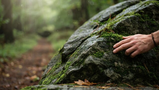 Human hand touching mossy rock in forest with large moss covered rests large environment wilderness with vegetation