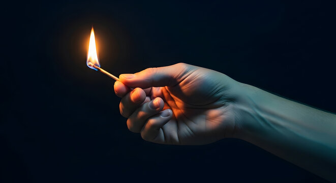 Hand holding lit wooden matchstick with bright flame in dark