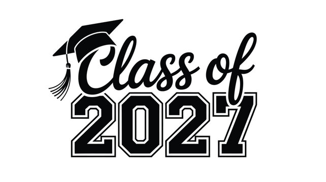 Class of 2021 graduation lettering with academic cap and celebration design