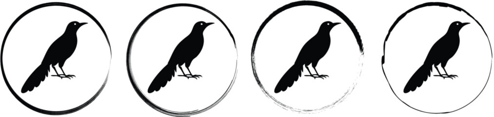 Fototapeta premium Set of four round depicting a black silhouette of a small bird with a long tail standing in profile on a branch