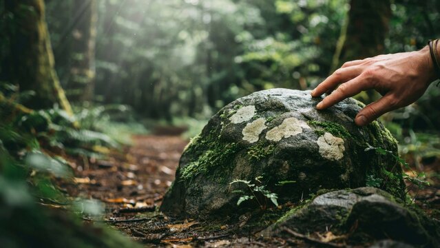 Person touching a mossy rock on a forest trail with dappled sunlight filtering through trees with stone located
