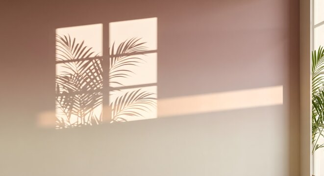 Minimalist Warm Interior Wall with Palm Leaf and Window Shadows