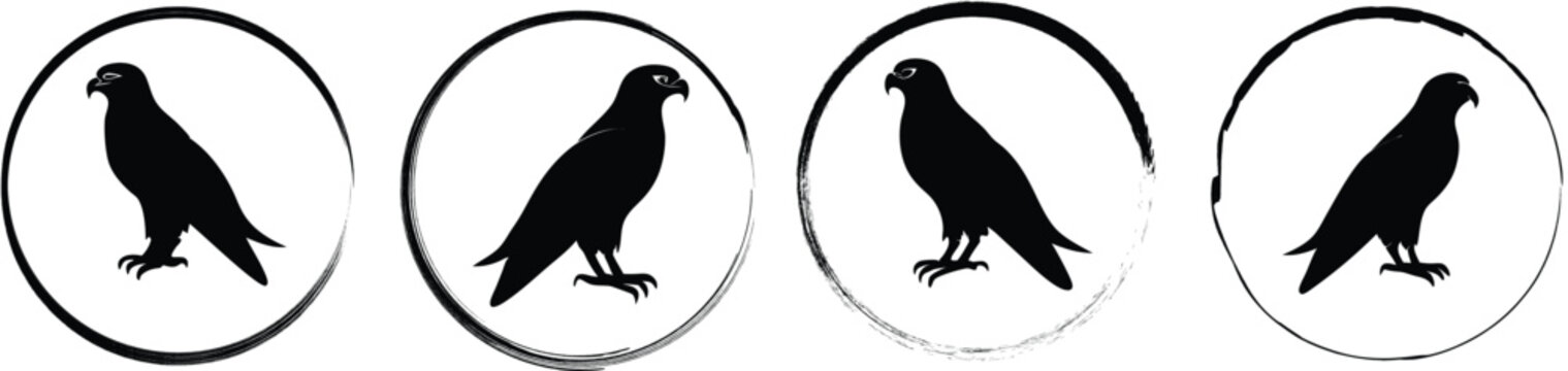 Collection of four circular showing a black silhouette of a hawk or eagle bird in profile on a white background