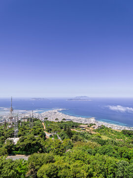 Breathtaking travel image looking over Trapani and the Aegadian Islands from Mount Erice, ideal for Sicilian tourism promotions and travel guidebooks.