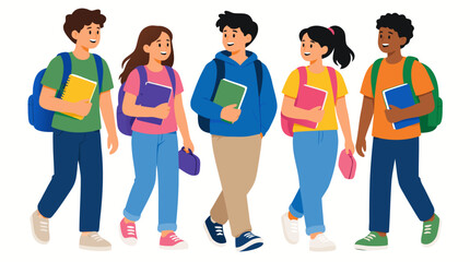 Obraz premium Diverse Group of Happy Students Walking Together Carrying Colorful Backpacks and Holding Notebooks, Flat Vector Illustration of Teenagers in Casual Clothes for Education and Schooling Concept.