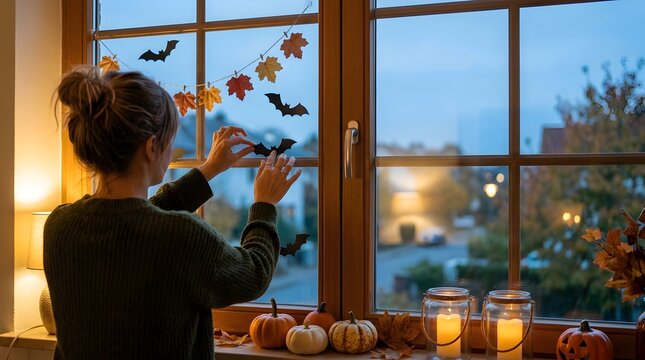 Decorating Home Window for Halloween with Autumn Silhouettes, Seasonal Ornaments, Candles and Evening Holiday Atmosphere