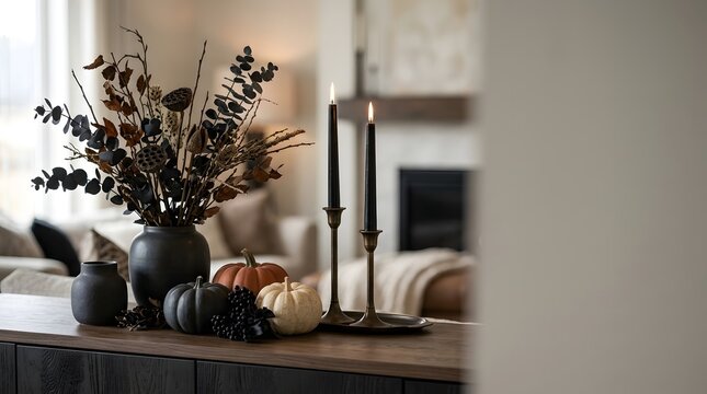 Elegant Halloween Home Decor Arrangement with Pumpkins, Dried Foliage and Minimal Seasonal Accents in a Modern Interior