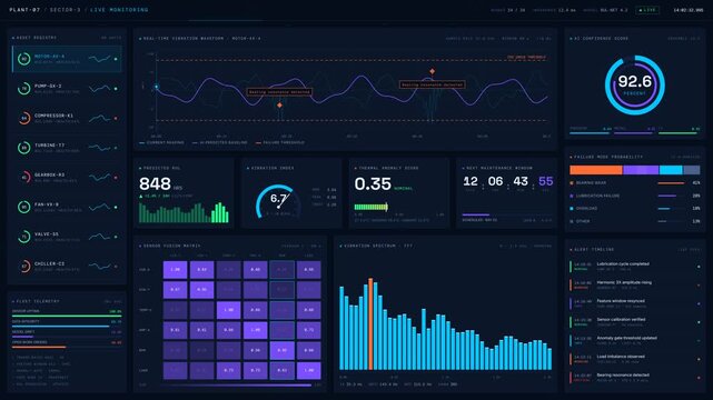 Explore a visually striking AI predictive maintenance dashboard featuring a dark theme with vibrant colors, real-time charts, and interactive KPI metrics for advanced monitoring in industrial settings