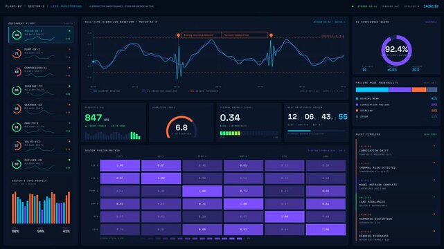 Explore a premium dark-mode AI predictive maintenance dashboard featuring a three-column layout, real-time data visualizations, and animated KPI metrics for effective monitoring.