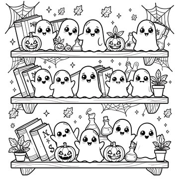 Charming three-tier bookshelf stacked with cute ghosts jack-o-lanterns and cobwebs for Halloween children coloring activity created with generative ai