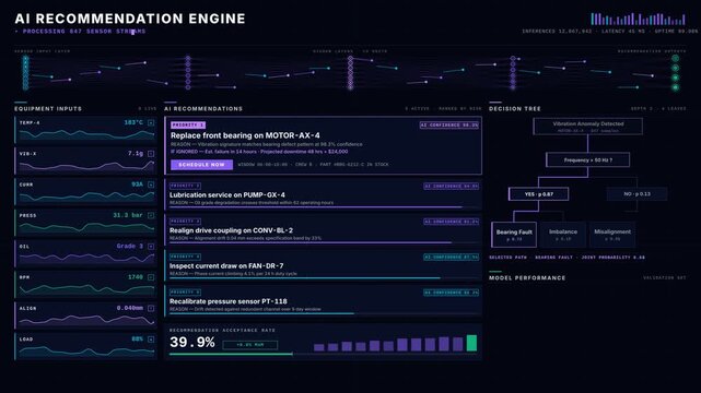 Explore a sophisticated AI Maintenance Recommendation System interface featuring animated sensor data, recommendation cards, and a decision tree visualization for predictive maintenance.