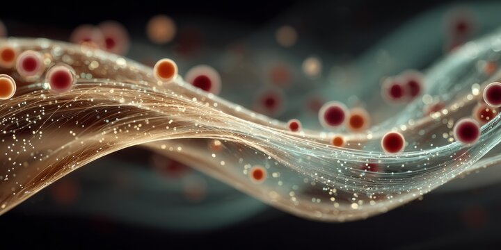 Microscopic red cells flowing through translucent biological fibers with glowing particles, representing circulation, biology