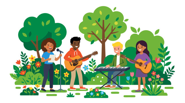 Diverse students playing guitars and keyboard singing among green trees and colorful flowers in a sunny garden vector illustration