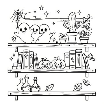 Minimalist three-shelf display featuring cute ghosts potted cactus spell books and potion bottles for halloween coloring page created with generative ai. 