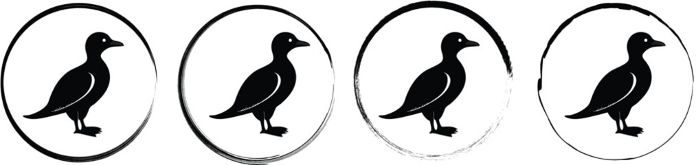 Fototapeta premium Four circular frames with black silhouettes of a standing bird, isolated on a white background circle