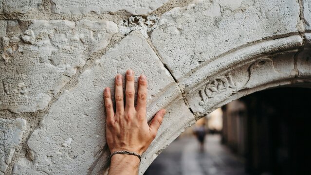 A hand resting on a textured stone archway in an old street with archway carved details touching ancient wall
