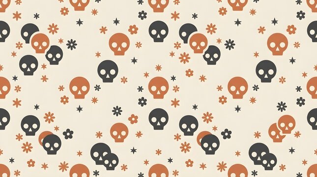 Seamless pattern with cute skulls and small stars in a flat vector style.