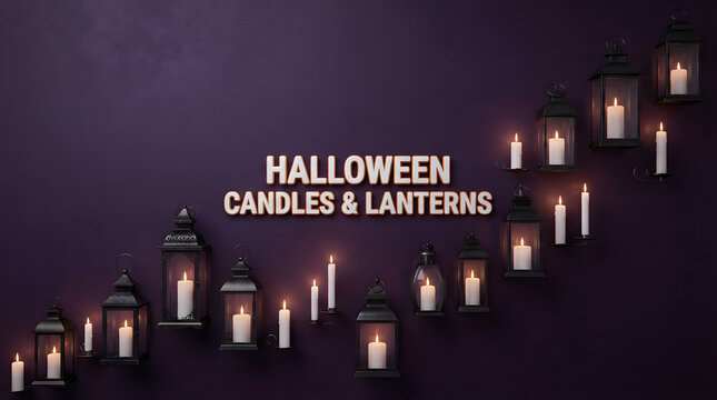 Spooky halloween scene with glowing candles and vintage lanterns on dark background