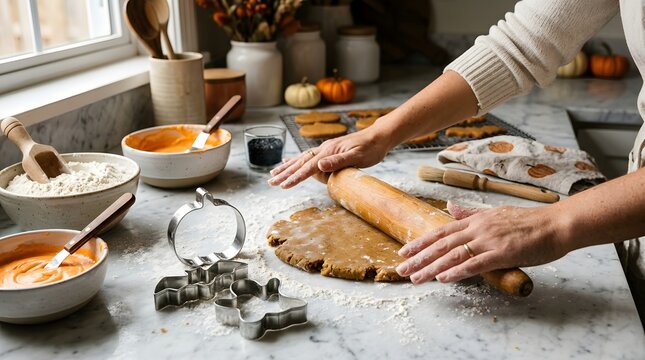 Halloween Baking Preparation at Home with Hands Rolling Cookie Dough, Seasonal Cookie Cutters and Homemade Festive Treat Ingredients